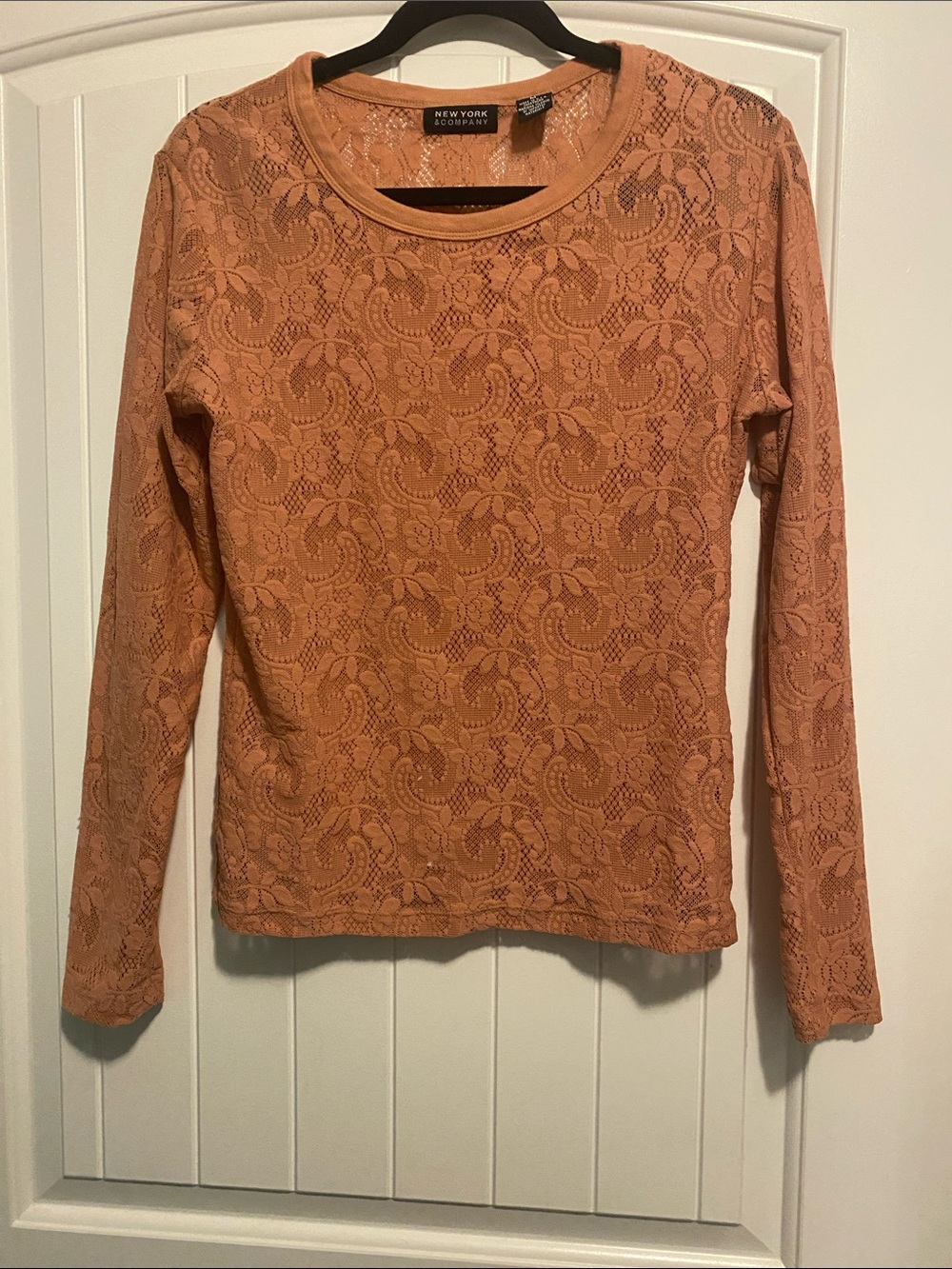 New York & Company Women's Long Sleeve Lace Tee - Burnt Orange